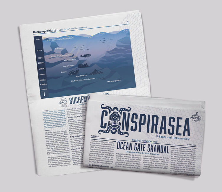 Conspirasea newspaper mockup showing infographic and logo