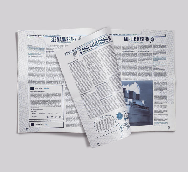 Conspirasea newspaper mockup showing articles