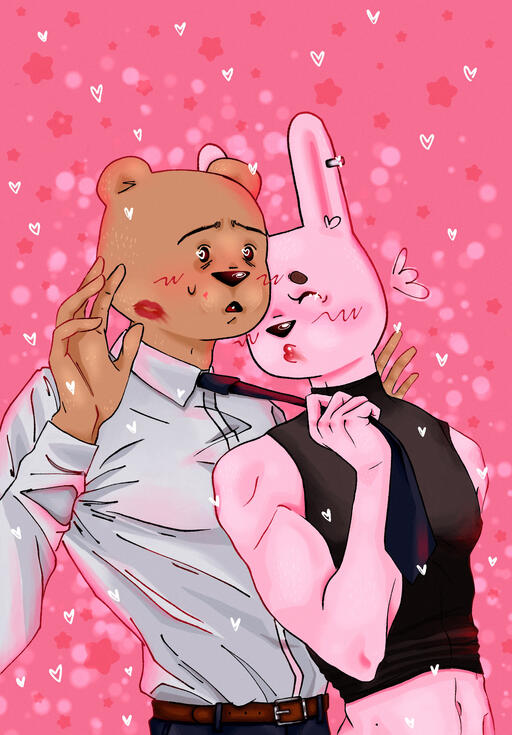 tobi the bunny kissing felix the bear on the cheek