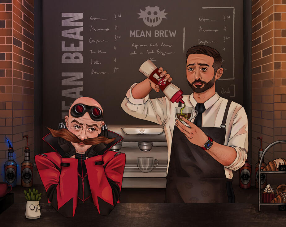 agent stone making a mushroom latte for eggman