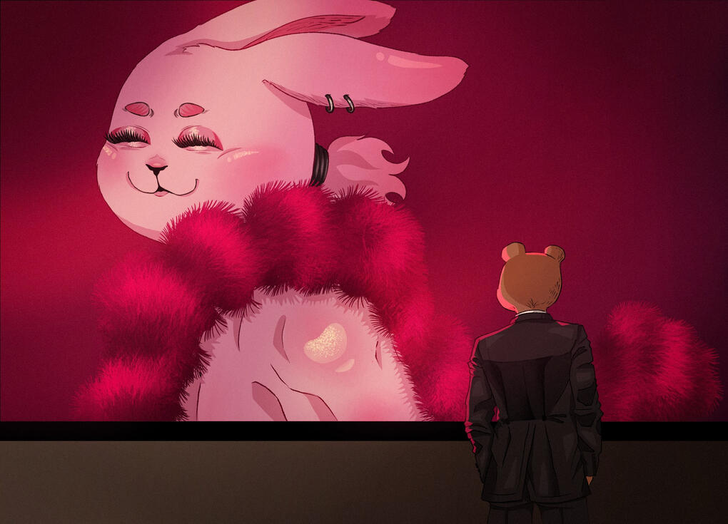 A bear in a suit standing in front of a pink bunny neon sign.