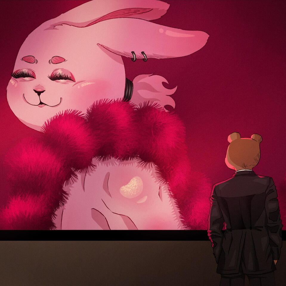 A bear in a suit standing in front of a pink bunny neon sign.