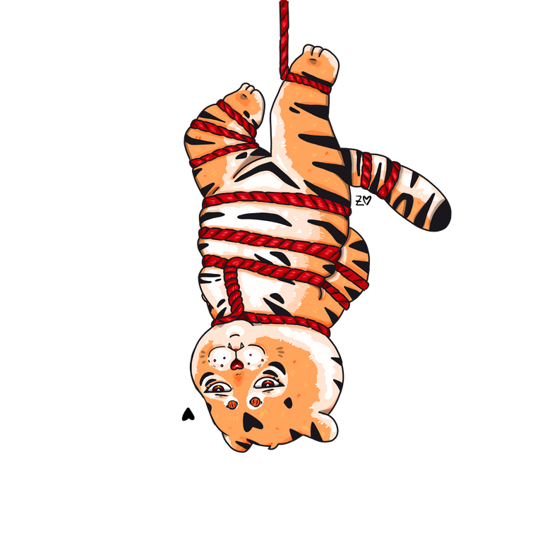 tiger hanging on a rope